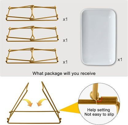 HAPPY KIT 3 Tier Serving Tray Set with Gold Freely Combinable Rack,12 Inch Tiered Tray Stand,Widened Porcelain Platters,Decor Cupcake Stand for Christmas Party Display,Dessert Trays Collapsible