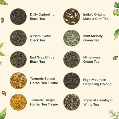 VAHDAM, Assorted Loose Leaf Tea Gift Set (10 Flavors) Gift Ideas for Women & Men | Herbal Tea, Green Tea, Chai Tea & Black Tea Sampler| Non-GMO, Gluten Free | Gifts for Him/Her