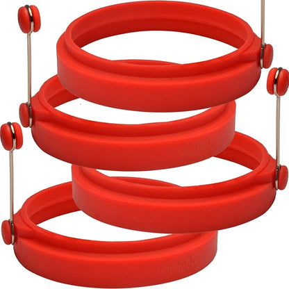 Professional 4 Inch Silicone Egg Ring, Pancake Mold Egg Mold for Breakfast Sandwiches, Omelets and More, Nonstick Ring, Round Blue (Pack of 4), Free e-Book by Abam (Red)