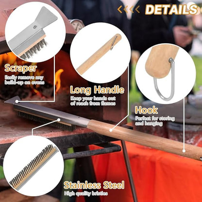 Pizza Oven Brush, 21" Brush and Stainless Steel Scraper for Pizza Stone, BBQ Grill Cleaning Brush Non Scratch Heat Proof Stainless Steel Bristles with Screwdriver for Pizza Oven and Accessories
