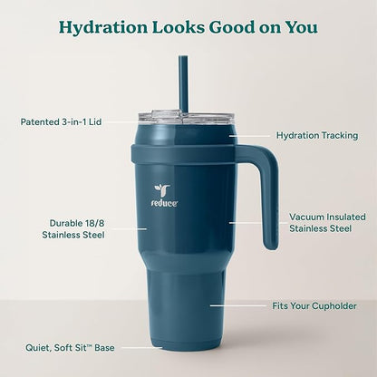 REDUCE 40 oz Stainless Steel Tumbler with Handle - Dual-Wall Vacuum Insulated Travel Mug, Sweat-Proof Lid & Reusable Straw - Keeps Drinks Cold for 24 Hrs, Fits Cupholders, Dishwasher Safe - Dark Web