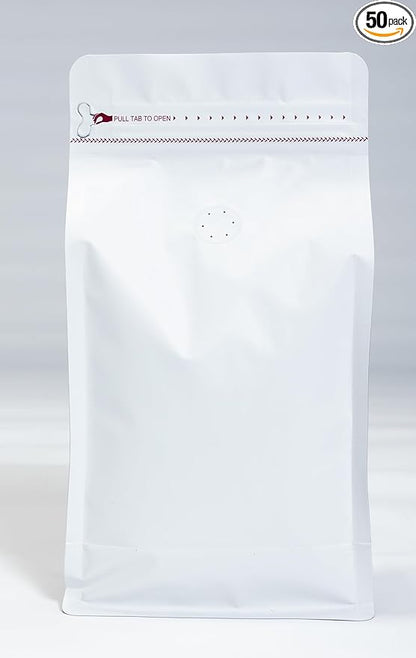 Premium Coffee Bags with Valve (100 pcs, 16 oz) Standing Coffee Beans Storage Bags, Reusable Heat Sealable Side Zipper Pouches, Eco-Friendly Packaging, Perfect for Home and Office - White