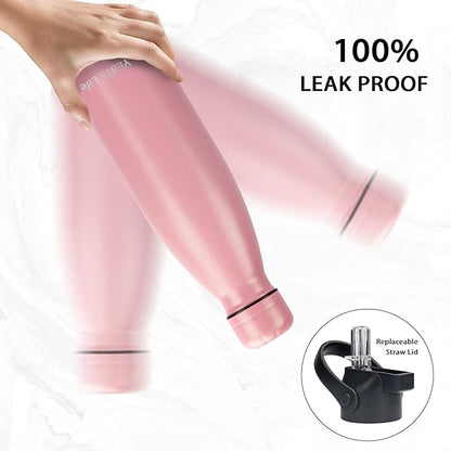 Insulated Water Bottle, 2 Pack-17oz Stainless Steel Water Bottles with straw lid, Metal Sports Water Bottles for Boys,Girls, Double Wall Vacuum BPA-Free Flask for School,Sports (Pink-Green)