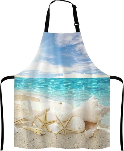 Caribbean Samana Beach Adjustable Bib Apron, Starfish Sea Shells Cooking Kitchen Apron for Men Women