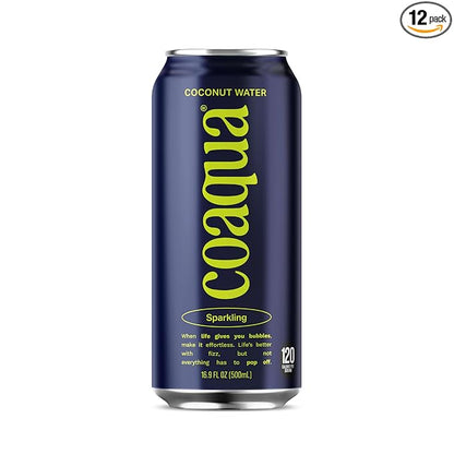 Coaqua Sparkling Coconut Water, 12 Pack, Natural Electrolytes for Hydration, Refreshing Sparkling Electrolyte Drink, Pure Coconut Water Not from Concentrate, Fat Free, 16.9 Fl Oz Cans