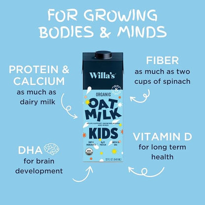 Willa's Organic Kid's Oat Milk Unsweetened with 8g Protein & 240g Calcium, Plant-Based Milk for Kids, Dairy-Free, Low Sugar, 2g Fiber – 32 oz, 6 Pack