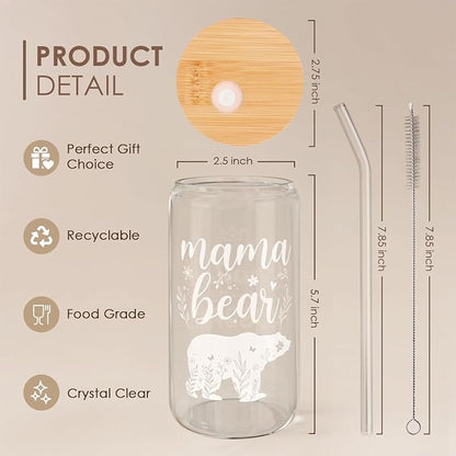 Mom Gifts - Mama Bear 16 Oz Can Glass Tumbler with Bamboo Lid and Straw - Iced Coffee Cups for Women, Aesthetic Glass Cup Gift for Birthday Christmas Mother's Day