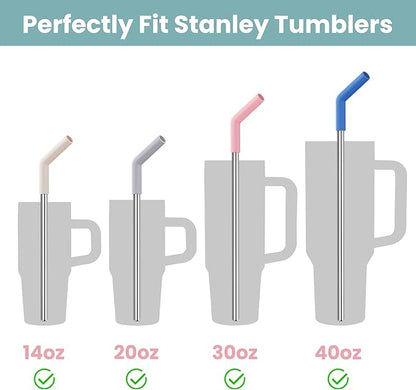 Tomorotec 6-Pack Stainless Steel Reusable Straw with Silicone Tip 3 Sizes, Metal Drinking Straws Fit for Stanley Quencher Tumblers 40oz, 30oz, 20oz, 14oz, Cleaning Brushes Included (Morandi)
