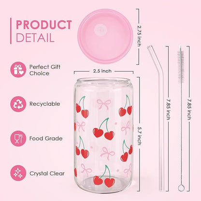 Cherry 16 Oz Can Glass Tumbler with Acrylic Lid and Straw - Iced Coffee Cups for Women, Aesthetic Glass Cup Gift for Birthday Christmas