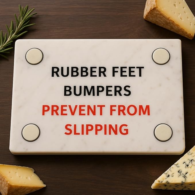 KC KULLICRAFT 8×12 White Marble Cheese & Charcuterie Serving Board – Natural Marble Cutting Board & Pastry Slab with Non‑Slip Feet – Premium Stone Kitchen Tray Gift.