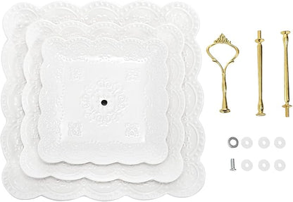 Tebery 2 Pack 3-Tier White Ceramic Embossed Dessert Cake Tower Stand with Gold Carry Handle, Cupcake Stand Serving Trays, Porcelain Party Food Server Display Holder