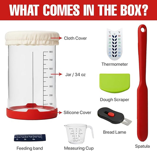 Sourdough Starter Kit, 34 Oz Sourdough Jar with Measuring Cup, Thermometer, Spatula, Dough Scraper, Bread Lame, Silicone Base & Cloth Cover, Feeding Band, Bread Baking Supplies for Bakers (34 Oz)
