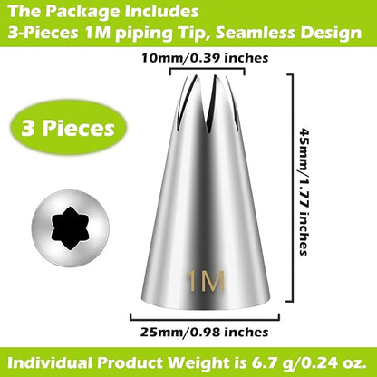 Suuker 1M Cake Decorating Tips, Stainless Steel Large Star Piping Tips Set, Open Star Frosting Tips for Cupcakes, Cookie and Cake Decorating, 3 Pieces