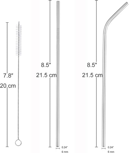 dcieiosul Set of 6 Reusable Metal Straws, 8.5'' Long Stainless Steel Straw with Cleaning Brushes and Case, Drinking for 20 oz Tumblers.