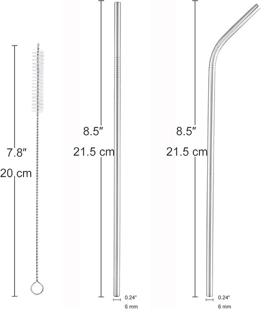 dcieiosul Set of 6 Reusable Metal Straws, 8.5'' Long Stainless Steel Straw with Cleaning Brushes and Case, Drinking for 20 oz Tumblers.