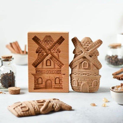 Wooden Cookie Molds, Wooden Cookie Biscuit Mold Baking Cookie Mold Wooden Carved Mold Cookie Cutter Embossing Mold, DIY Shapes Cookie Stamp,Gingerbread Mold(Windmill)