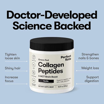 Perfect Keto Collagen Peptides Protein Powder with MCT Oil, Hydrolyzed Collagen, Type I & III Supplement, Gluten Free Grass Fed, Low Carb, Keto Coffee Creamer, Collagen for Women & Men, Peanut Butter