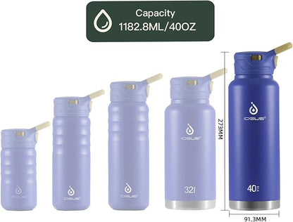 IDEUS Insulated Stainless Steel Water Bottle with 2 Leak-Proof Lids, Thermal Water Flask for Hiking Biking, 40oz, Purple