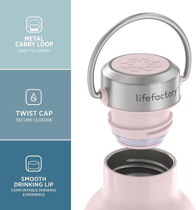 Lifefactory Stainless Steel Vacuum-Insulated Sport Bottle, 16 Ounce, Desert Rose