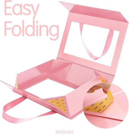 Pink Gift Box with Window, Clear Magnetic Gift Box with Handle for Present, Bridesmaid Proposal Box (10.5x7.5x3 Inches