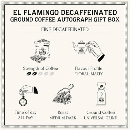 Bacha Coffee | El Flamingo Single Origin Decaffeinated Coffee, Autograph Collection, 100% Arabica Specialty Coffee, Ground Beans, Medium Dark Roast, 250g & 100% Natural Wood Fibre Paper Filters