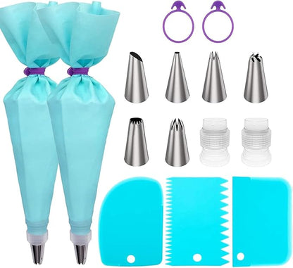 Piping Bags and Tips Set, 16" Reusable Piping Bags, Frosting Piping Kit for Baking with Pastry Bags and Tips, Standard Converters, Silicone Rings, Cake