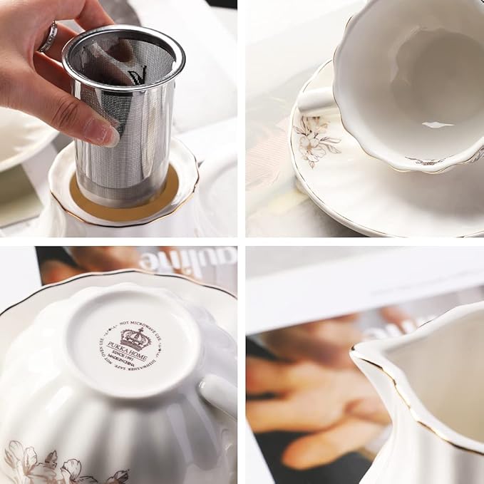 Porcelain Tea Sets British Royal Series, 8 OZ Cups & Saucer Service for 6, with Teapot Sugar Bowl Cream Pitcher Teaspoons and Tea Strainer, Suitable for High Tea, Wedding, Party（Rose Flower）