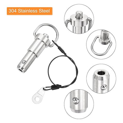 uxcell 2 Pcs Quick Release Pin, 1/2" x 0.5"(Dia. x L) Push-Button Ball Locking Pin 304 Stainless Steel Ring Handle Locking Pin with Wire for Audio Bimini Top Marine, Silver