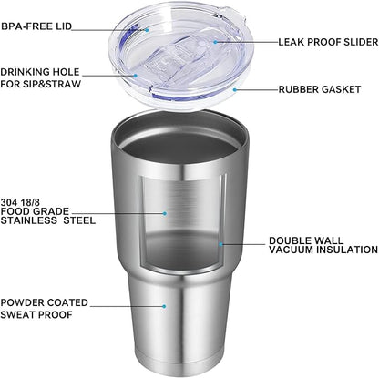 DOMICARE 30 oz Tumbler with Lid and Straw, Stainless Steel Tumblers Bulk, Insulated Vacuum Double Wall Travel Coffee Mug, Durable Powder Coated Tumbler Cups (Stainless Steel, 4)