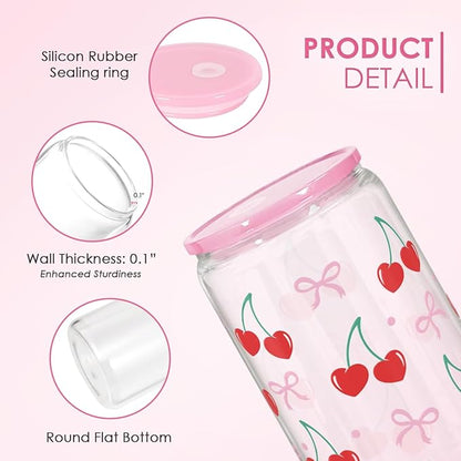 Cherry 16 Oz Can Glass Tumbler with Acrylic Lid and Straw - Iced Coffee Cups for Women, Aesthetic Glass Cup Gift for Birthday Christmas