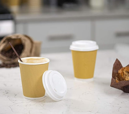 GUSTO [12 oz. - 500 Count Insulated Kraft Ripple Paper Hot Cups, Disposable Coffee Cups With Lids - Ideal for Hot Beverages, Travel, and Office Use (Formerly Comfy Package)
