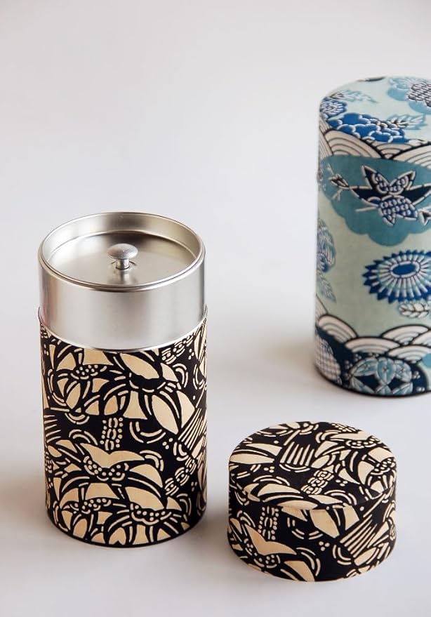 Japanese Pokkan Coffee Spice Tea Tin Canister Washi Paper Storage with Lid 7.05 oz Capacity (Han)