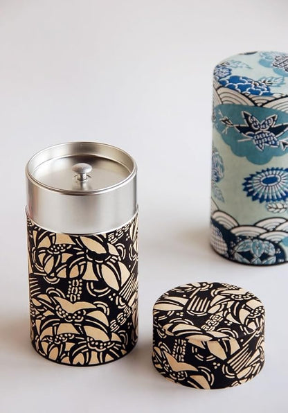 Japanese Pokkan Coffee Spice Tea Tin Canister Washi Paper Storage with Lid 7.05 oz Capacity (Kenran Ichimatsu)
