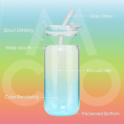COMI 6pcs Glass Cups with Lids And Straws, Glass Tumbler for Iced Coffee, Drinking Glasses with Two Cleaning Brush,Glass Drinking Set