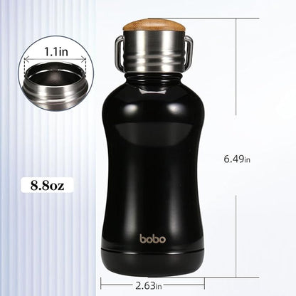 YOHKOH Mini Insulated Water Bottle With Bamboo Lid - 8.8oz Small Vacuum Insulated Water Bottle for Women Kids, 12 Hrs Hot & 24 Hrs Cold Stainless Steel Thermos Leak-Proof BPA-Free (8.8oz,Black)