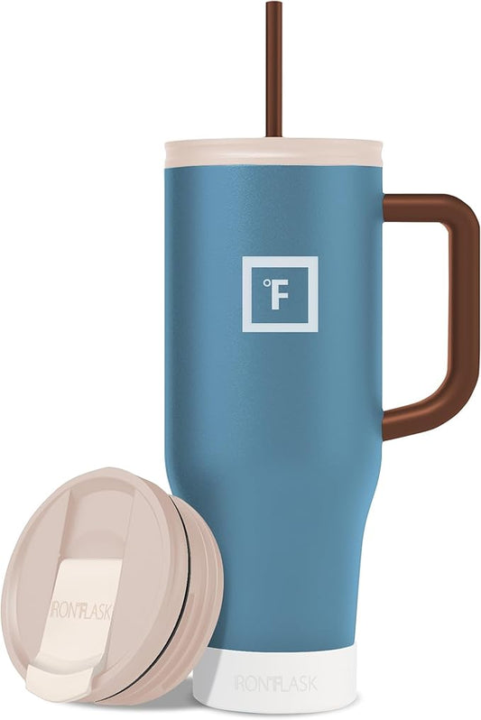 IRON °FLASK Co-Pilot Insulated Mug w/Boot, Straw & Flip Cap Lids - Cup Holder Bottle for Hot, Cold Drink - Leak-Proof - Water, Coffee Portable Travel Mug - Desert Oasis, 40 Oz