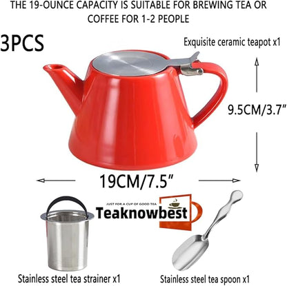 Ceramic teapot, 19oz Tea pot for loose leaf tea, Tea infuser pot with Removable 18/8 Stainless Steel Infuser and teaspoon, Suitable for 1-2 people to brew tea or coffee (pink)