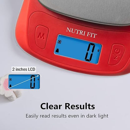 NUTRI FIT Ultra Slim Food Scale Digital Kitchen 1g Increment Measure in lb oz ml High Precision Weight in Grams and oz for Coffee Making, Meal Prep - Red/Stainless Steel