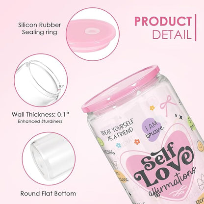 SANDJEST Inspiration Glass Can, Self Love Iced Coffee Aesthetic Cup, Gifts for Christmas Birthday, Gift for Women Girls, 16oz