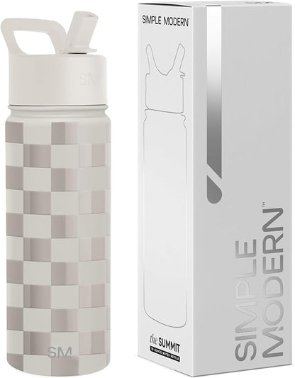 Simple Modern Kids Water Bottle with Straw Lid Vacuum Insulated Stainless Steel Metal Thermos Bottles | Reusable Leak Proof BPA-Free Flask for School | Summit Collection | 18oz, Checkmate