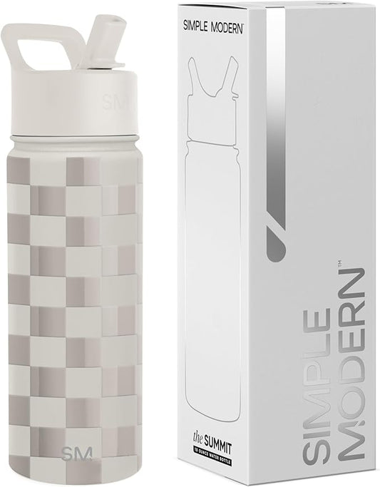 Simple Modern Kids Water Bottle with Straw Lid Vacuum Insulated Stainless Steel Metal Thermos Bottles | Reusable Leak Proof BPA-Free Flask for School | Summit Collection | 18oz, Checkmate