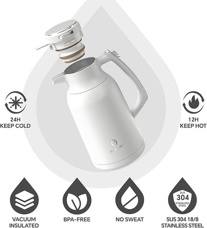 IDEUS Thermal Coffee Carafe 68oz (2,000ml), Stainless Steel Double Wall Insulated Vacuum Flask, Water Jug Coffee Server and Beverage Dispenser, Heat and Cold Retention (White-Silver, 68oz (2,000ml))