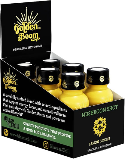 Blaze n Chill Golden Boom Mushroom Shot – Focus & Endurance Drink with Lion's Mane, Cordyceps, B-12 & Ginseng – Natural Mushrooms - Lemon Ginger (2fl oz, 6 Pack)