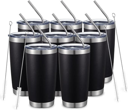 COMOOO 20oz/8Pack Black Tumbler Double Wall Vacuum Insulated Coffee Travel Mug Stainless Steel Tumbler with Lid and Straw Coffee Cup for Cold Drinks & Hot Beverage, Home and Outdoor (Black, 8 Pack)
