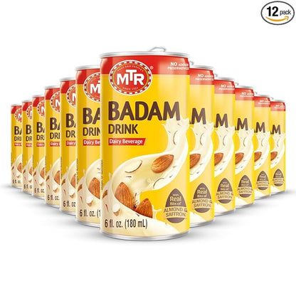MTR Badam Drink, Ready-to-Drink - Authentic Indian Almond Milk Beverage, Real Bits of Almond & Saffron, No Added Preservatives, No Added Artificial Flavors & Colors, Gluten-Free, Refreshing Drink, Perfect for Anytime Refreshment, Pack of 12