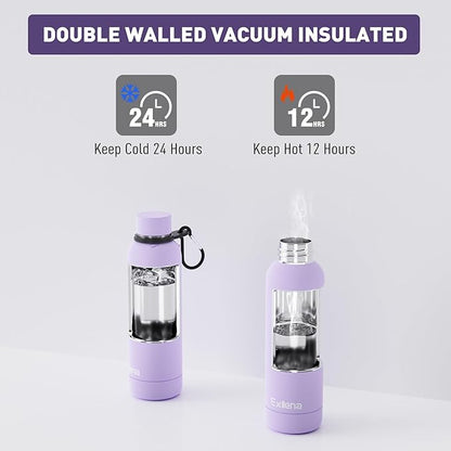 Slim Insulated Water Bottles for Travel 18oz with Clip, Double Wall Vacuum Stainless Steel Water Bottle Keeps Drinks Cold 24 Hrs/Hot 12 Hrs, 100% Leakproof, BPA Free(Purple)