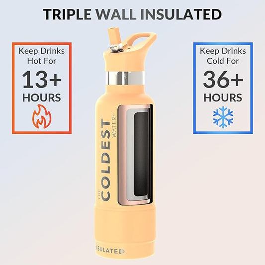 Coldest Insulated Water Bottle with Straw Lid - Stainless Steel Metal Insulated Bottle for Men & Women (Sahara Peach, 21 oz)