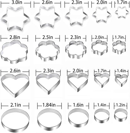 Metal Cookie Cutters Set - Star Cookie Cutter Stainless Steel Round Biscuit Cutter Heart Small Star Cookie Cutters Mini Flower Molds Cutter for Baking (20 Round Heart Flower Star Cookie Cutters)