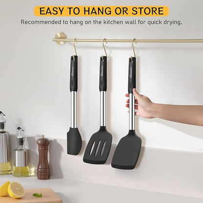 NileHome Pack of 3 Spatulas Silicone Heat Resistant, Cooking Utensils Set, Silicone Spatula BPA Free Cooking Utensils, Ideal Cookware for Fish, Eggs, Pancakes (Black)