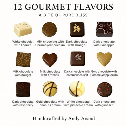 Andy Anand Chocolatier Belgian Chocolate Truffles Gift Box Handcrafted Gluten Free Gourmet Chocolate European Imported Chocolate Truffles Perfect as Chocolate Gifts For Women (25 Pcs,7.8 Oz)